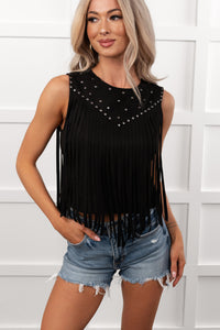 Heels In Hay Sleeveless Stud Tassel Top (Black) - NanaMacs