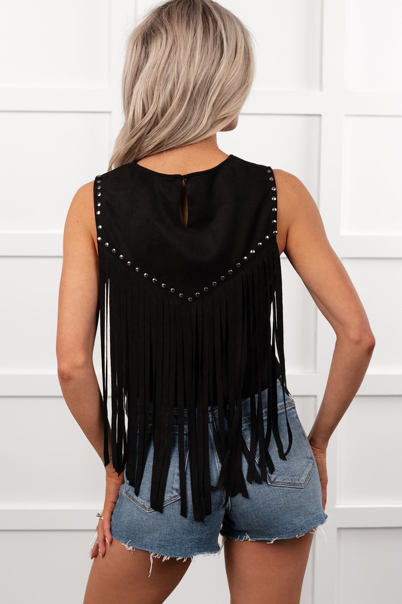 Heels In Hay Sleeveless Stud Tassel Top (Black) - NanaMacs