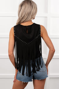 Heels In Hay Sleeveless Stud Tassel Top (Black) - NanaMacs