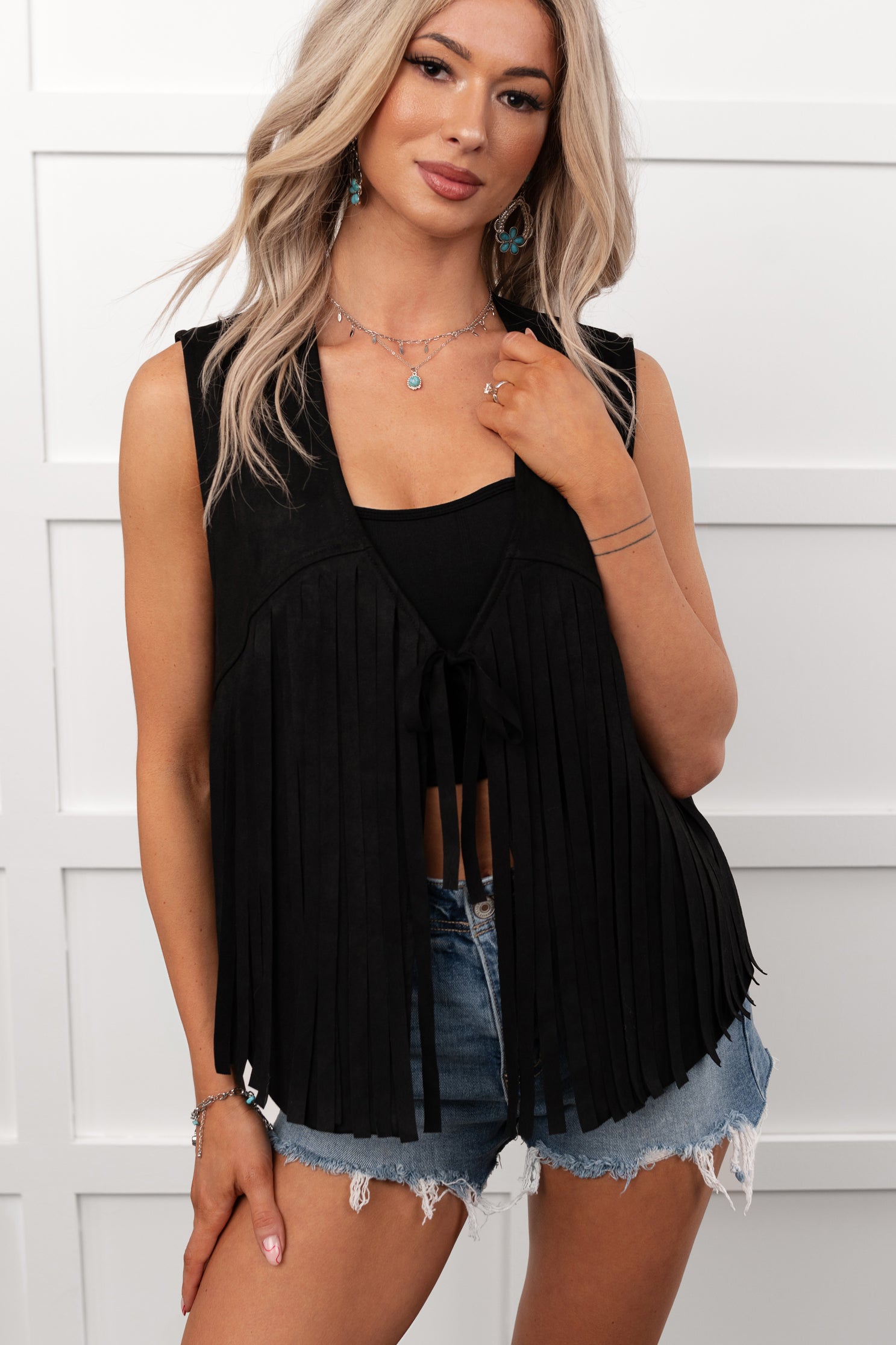 Barnwood Love Faux Suede Fringe Detail Vest (Black) - NanaMacs