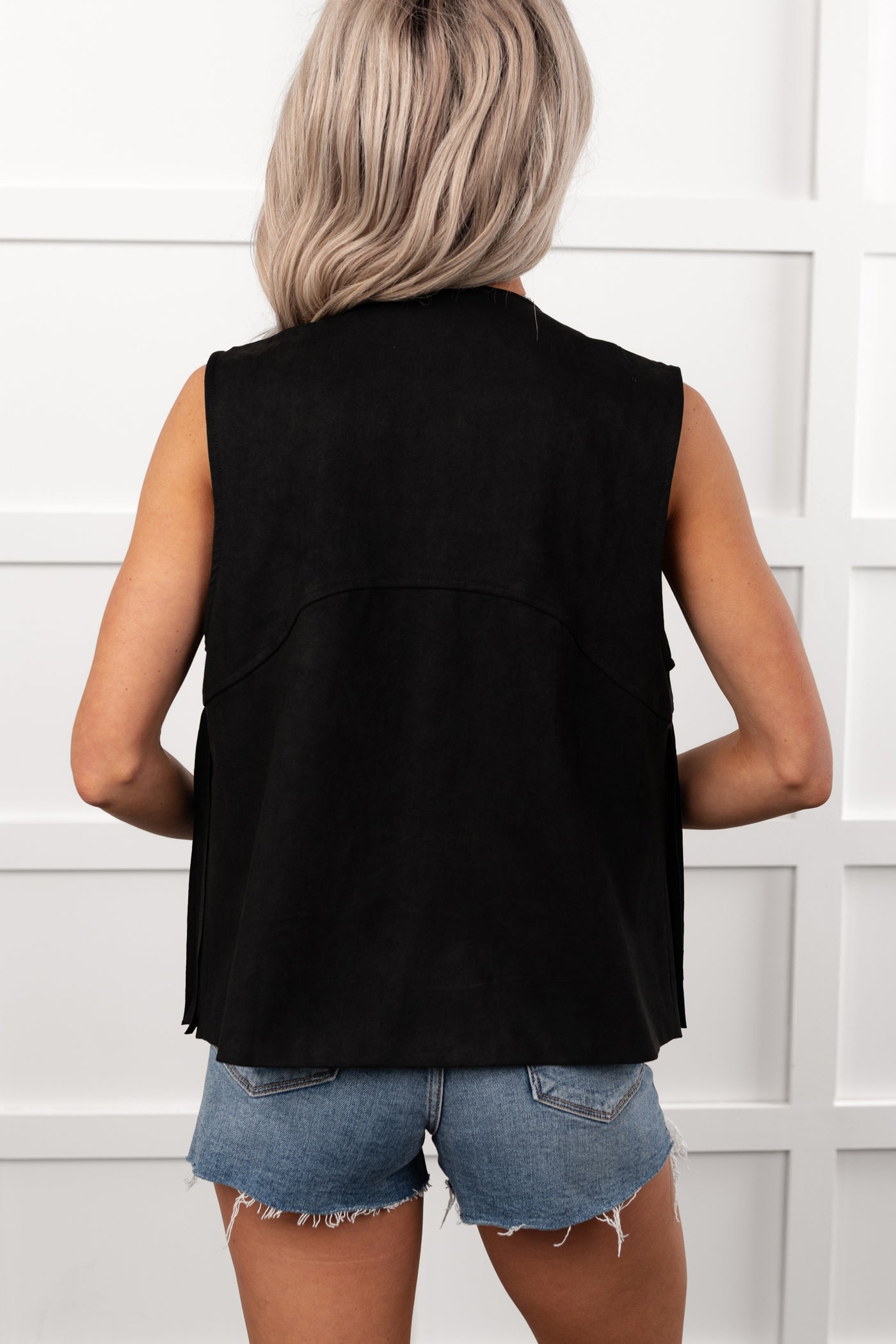 Barnwood Love Faux Suede Fringe Detail Vest (Black) - NanaMacs