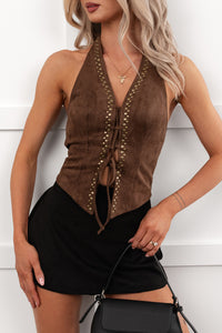 Dust & Daisies Front Tie Suede Halter Top (Brown) - NanaMacs