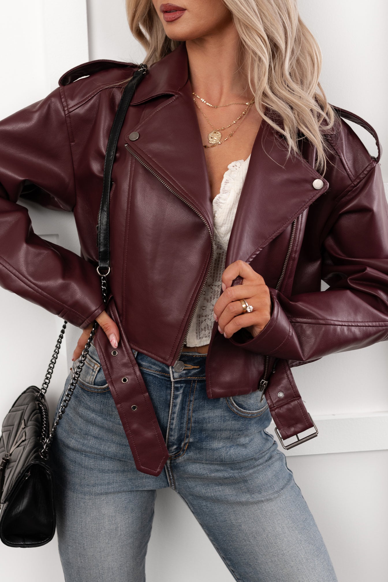 Rule Maker Faux Leather Cropped Jacket (Wine) - NanaMacs