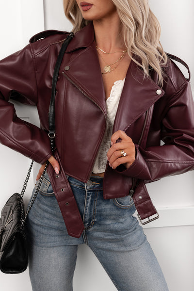 Rule Maker Faux Leather Cropped Jacket (Wine) - NanaMacs