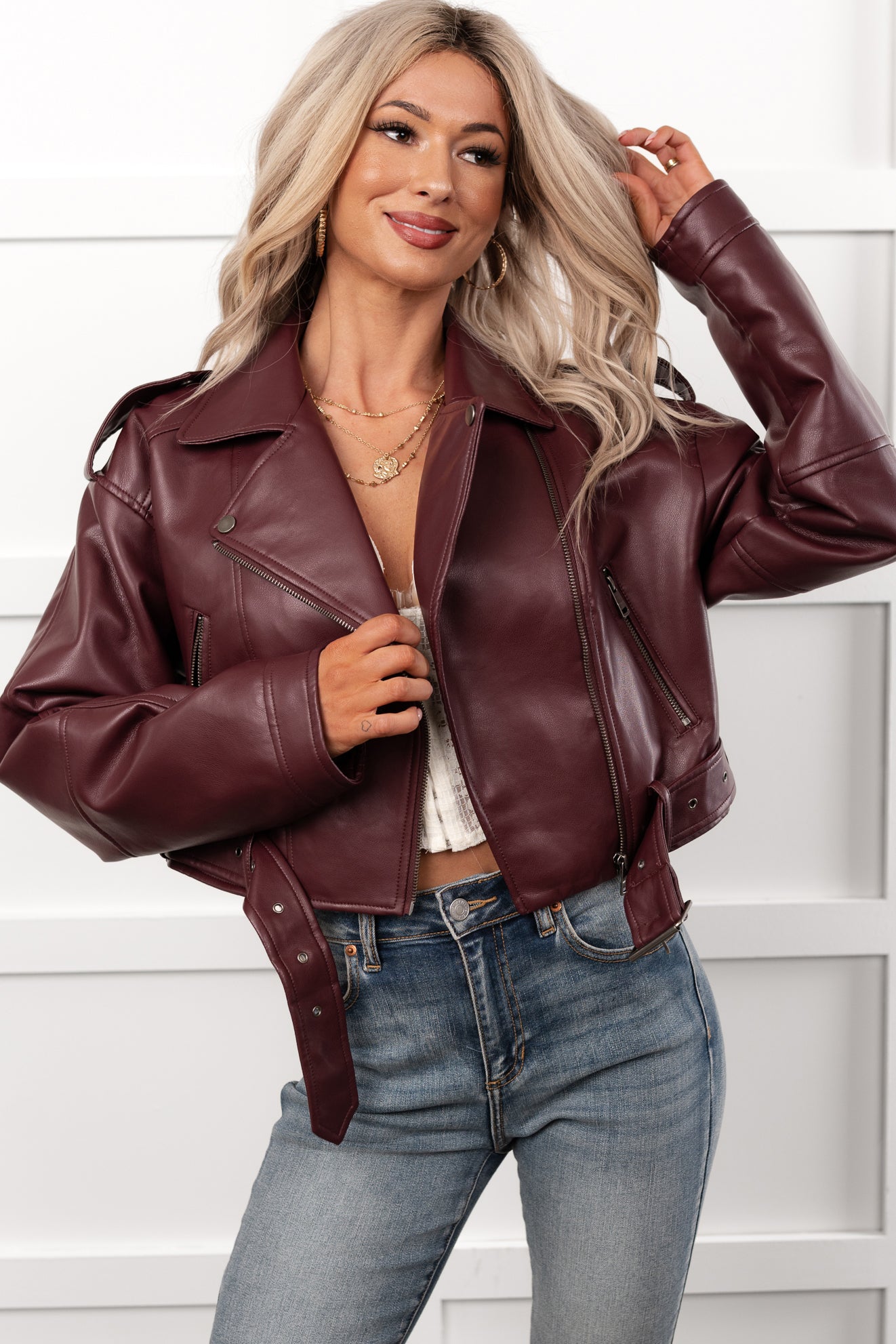 Rule Maker Faux Leather Cropped Jacket (Wine) - NanaMacs