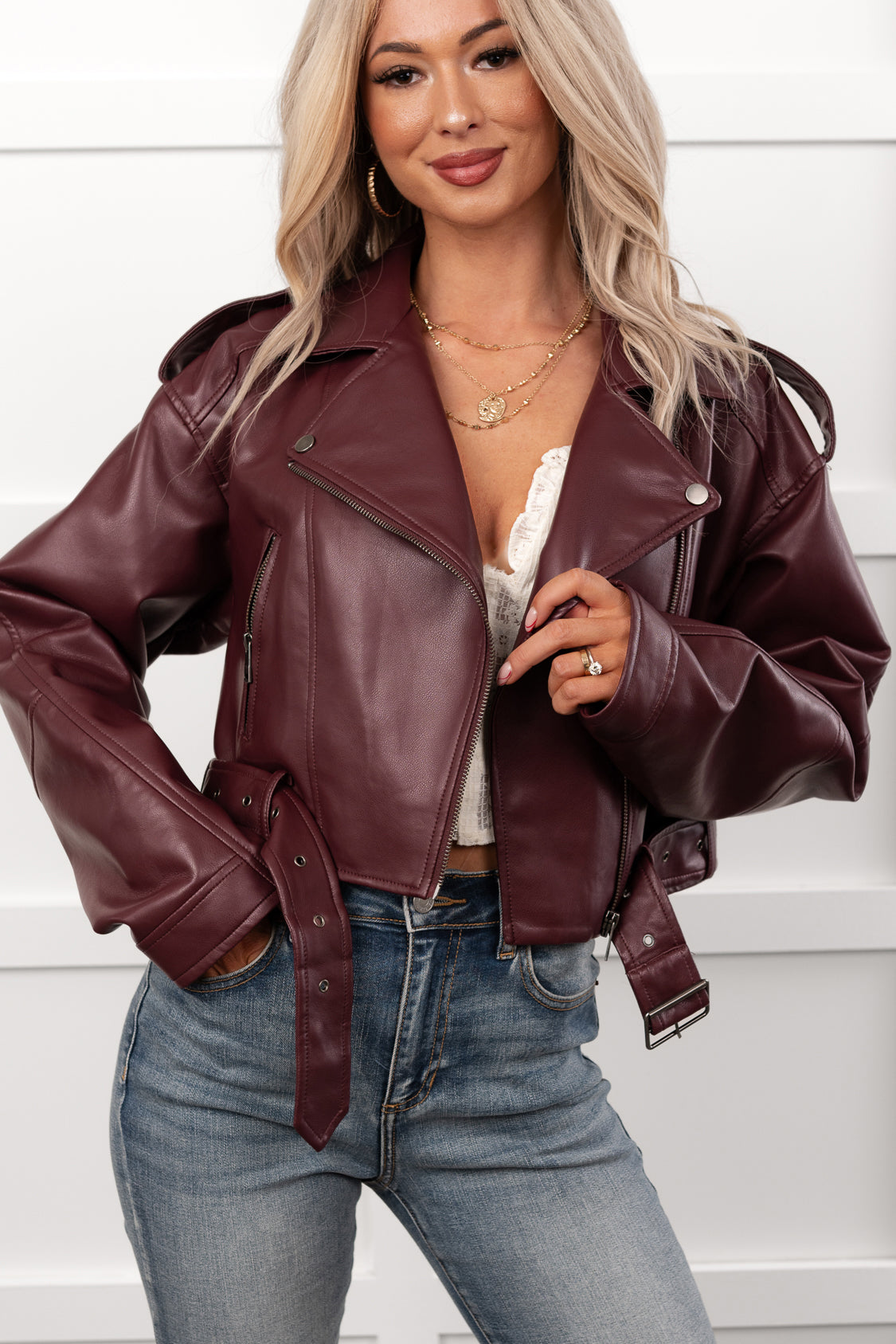 Rule Maker Faux Leather Cropped Jacket (Wine) - NanaMacs