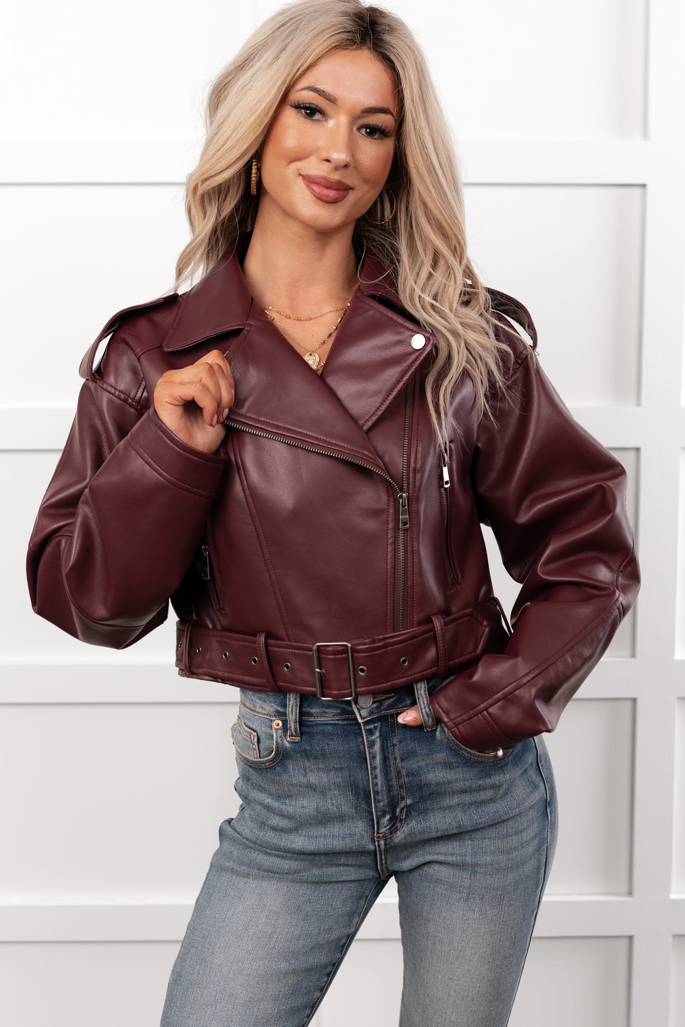 Rule Maker Faux Leather Cropped Jacket (Wine) - NanaMacs