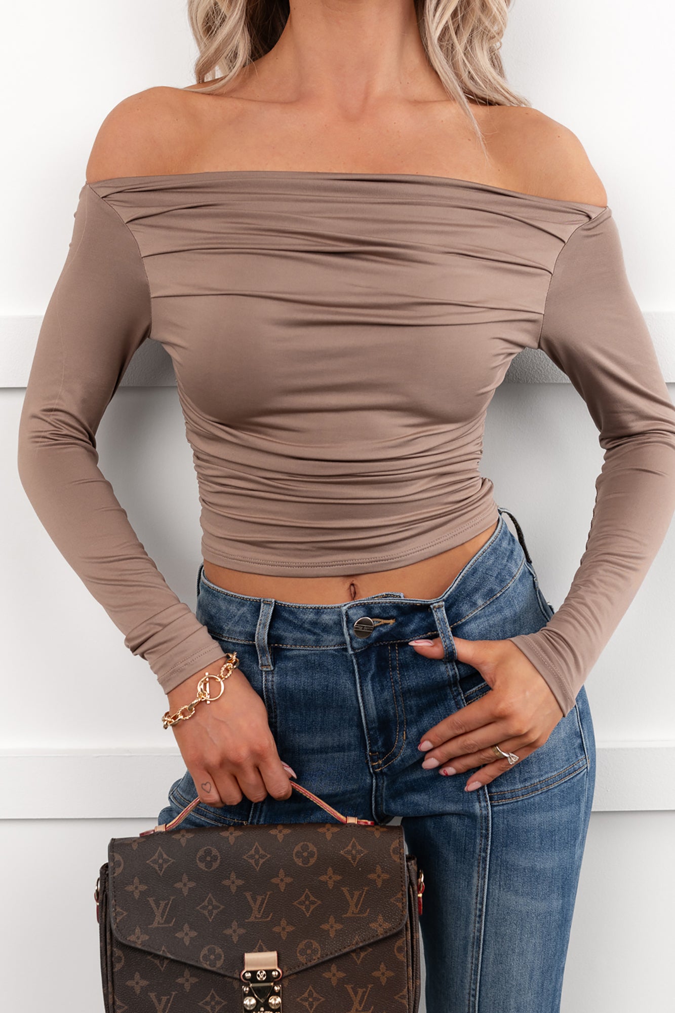 Rosy Reality Boat Neck Long Sleeve Crop Top (Taupe) - NanaMacs