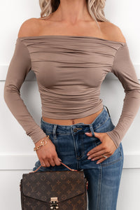 Rosy Reality Boat Neck Long Sleeve Crop Top (Taupe) - NanaMacs