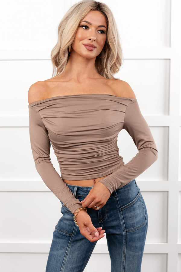 Rosy Reality Boat Neck Long Sleeve Crop Top (Taupe) - NanaMacs