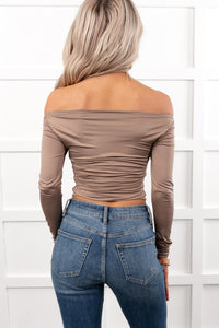 Rosy Reality Boat Neck Long Sleeve Crop Top (Taupe) - NanaMacs