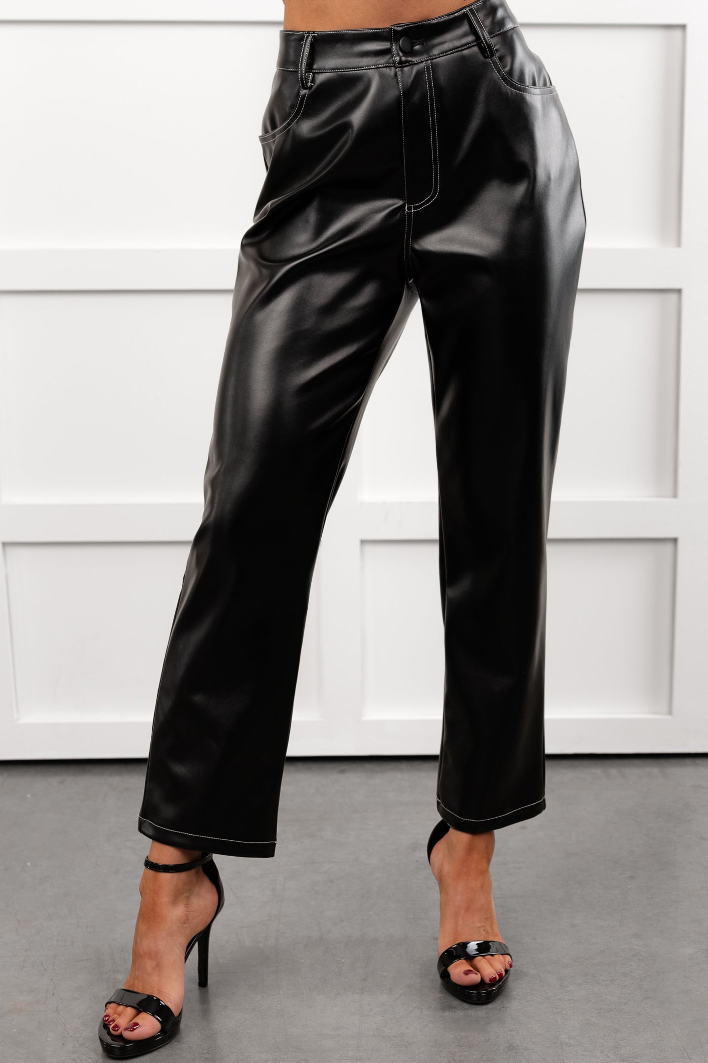 High Shine Faux Leather Straight Leg Pants (Black) - NanaMacs