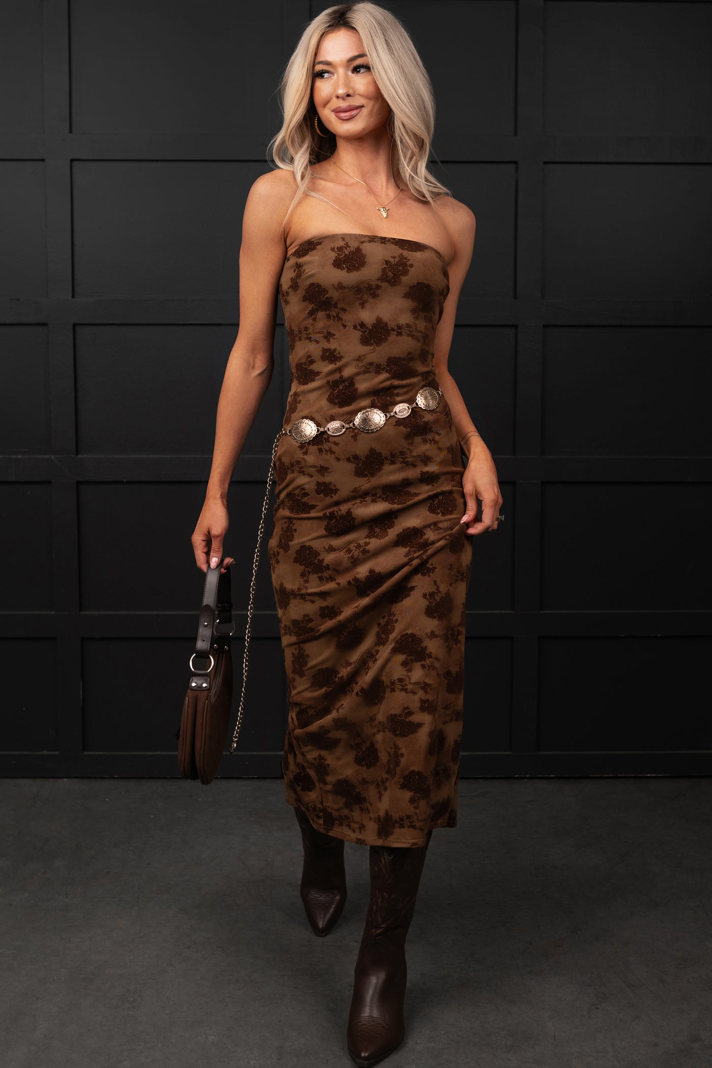 Purely Poised Strapless Velvet Midi Dress (Brown)
