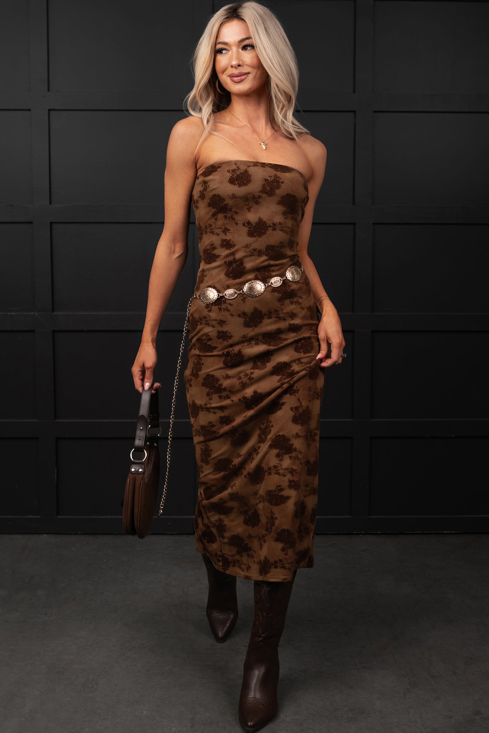 Purely Poised Strapless Velvet Midi Dress (Brown)