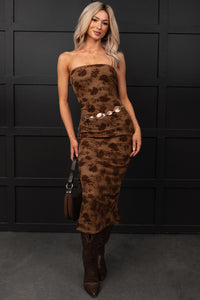 Purely Poised Strapless Velvet Midi Dress (Brown)