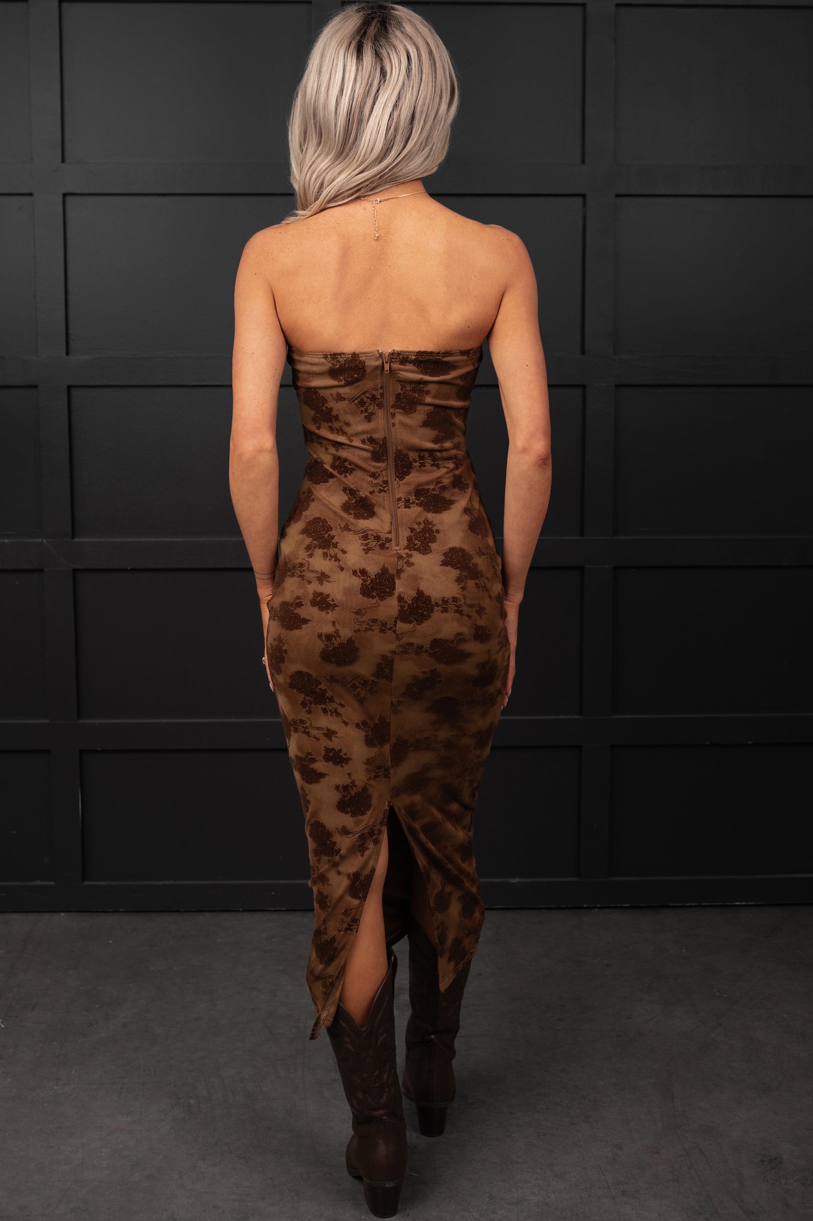 Purely Poised Strapless Velvet Midi Dress (Brown)