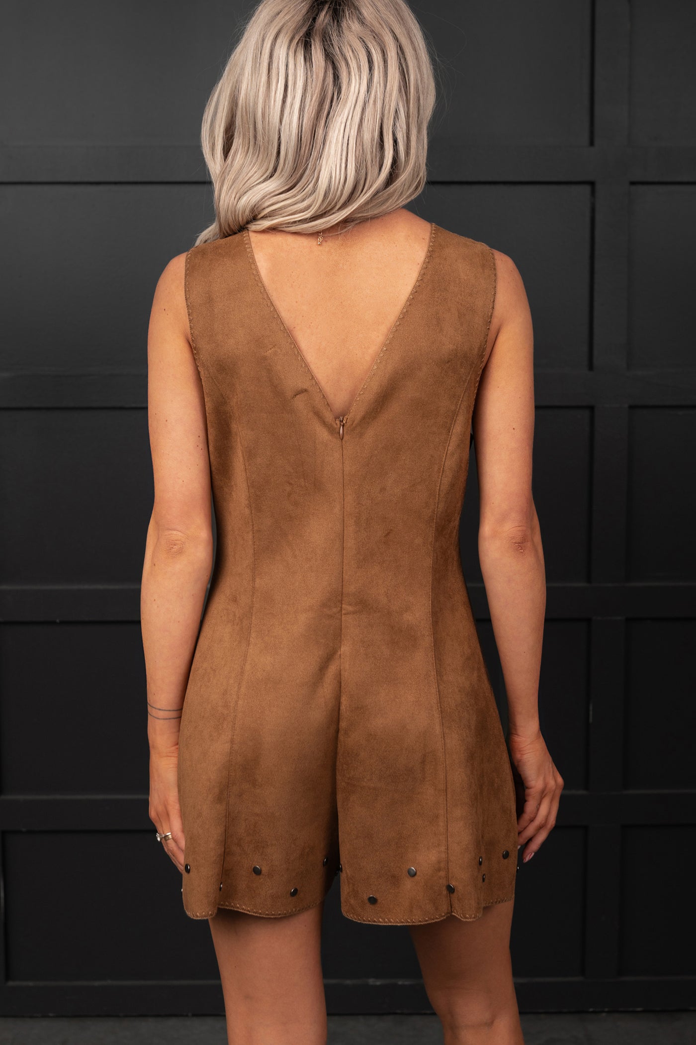 Let It Be Faux Suede Lace-Up Romper (Camel) - NanaMacs