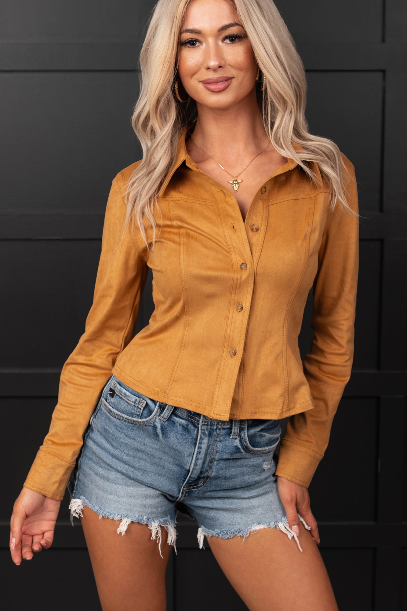 Hillbilly Honey Faux Suede Button-Up Top (Camel) - NanaMacs