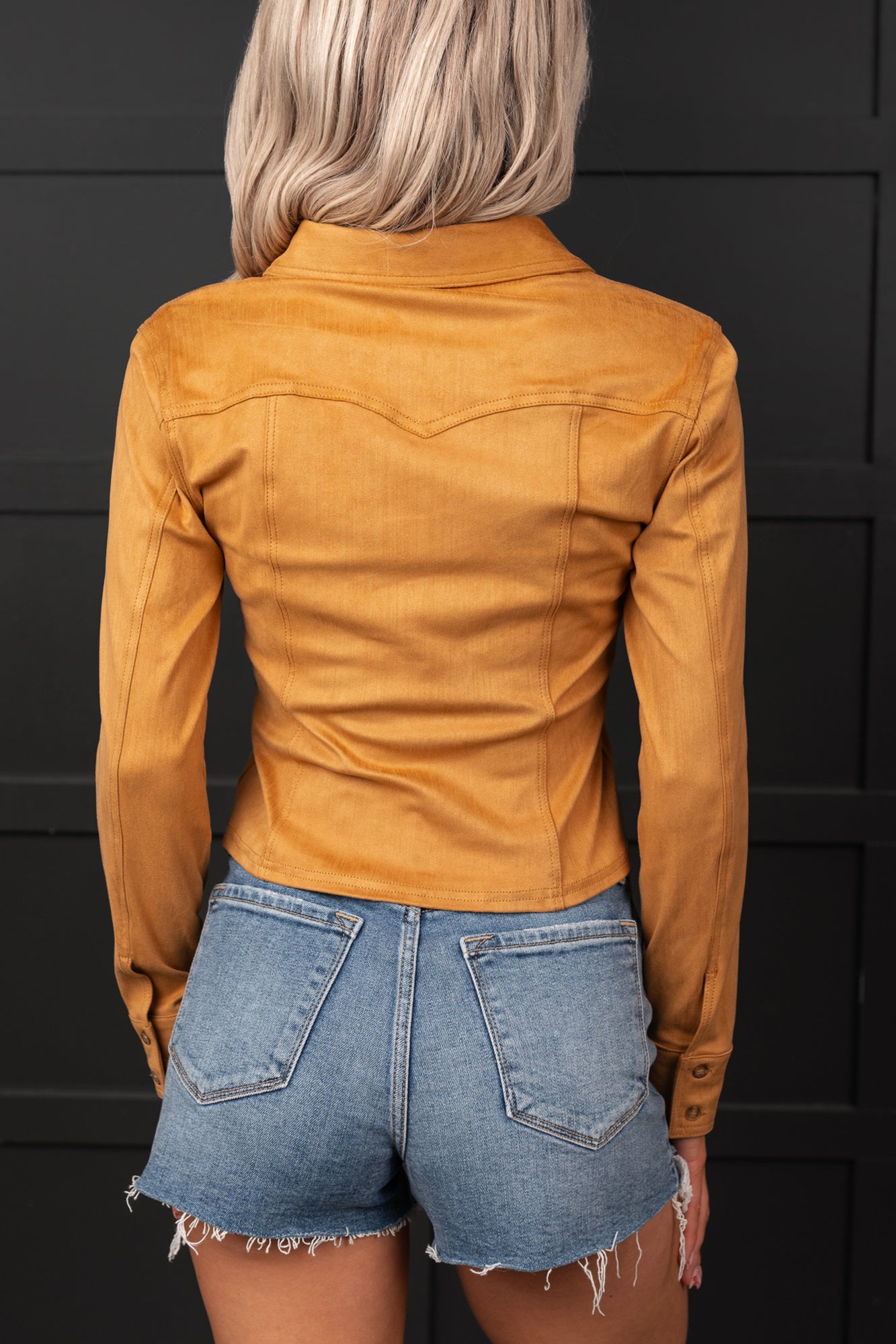 Hillbilly Honey Faux Suede Button-Up Top (Camel) - NanaMacs