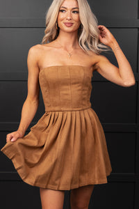 Up A Notch Faux Suede Pleated Mini Dress (Camel) - NanaMacs