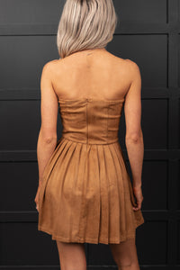 Up A Notch Faux Suede Pleated Mini Dress (Camel) - NanaMacs