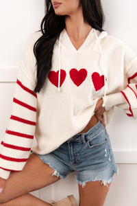 Love At Home Heart Striped Knit Hoodie (Ivory) - NanaMacs