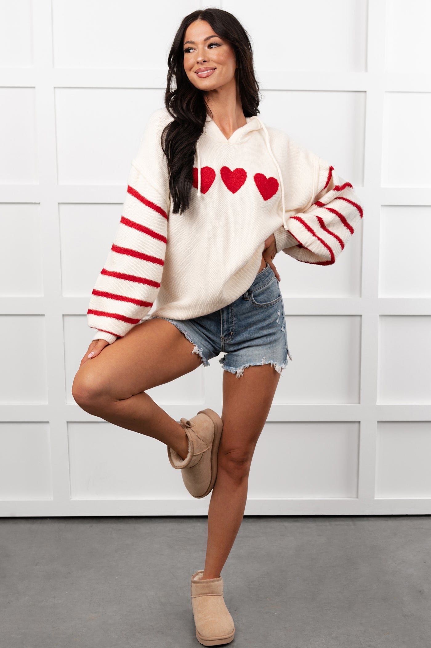 Love At Home Heart Striped Knit Hoodie (Ivory) - NanaMacs