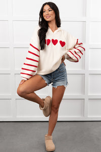 Love At Home Heart Striped Knit Hoodie (Ivory) - NanaMacs