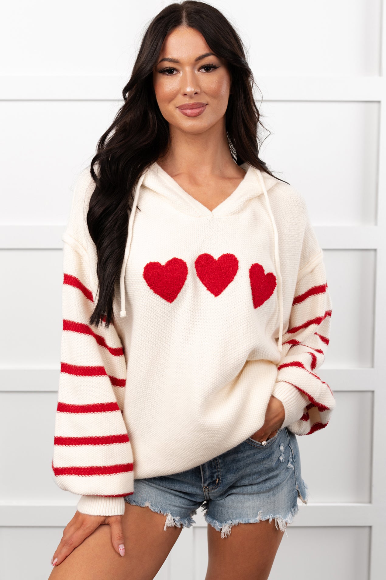 Love At Home Heart Striped Knit Hoodie (Ivory) - NanaMacs