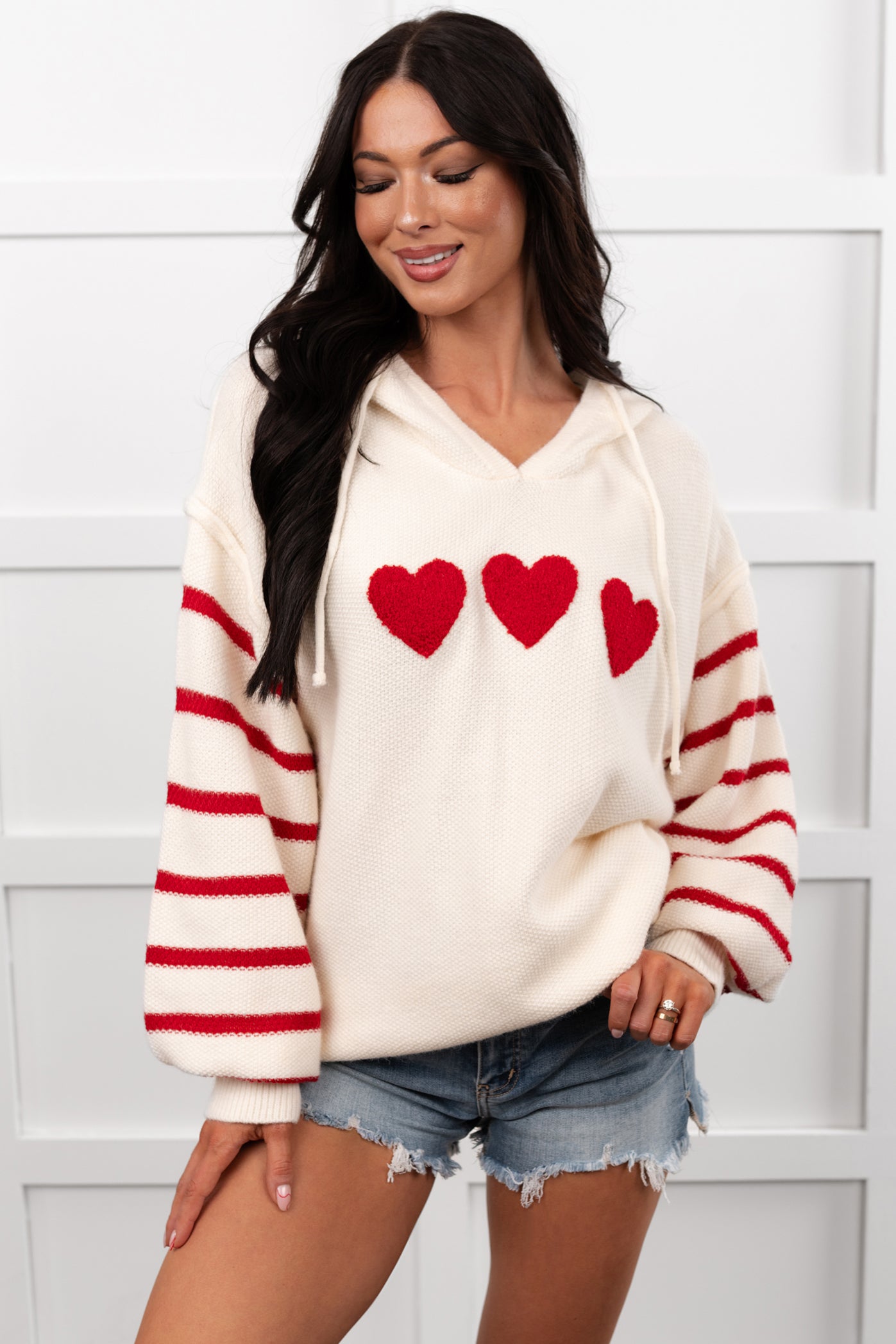 Love At Home Heart Striped Knit Hoodie (Ivory) - NanaMacs