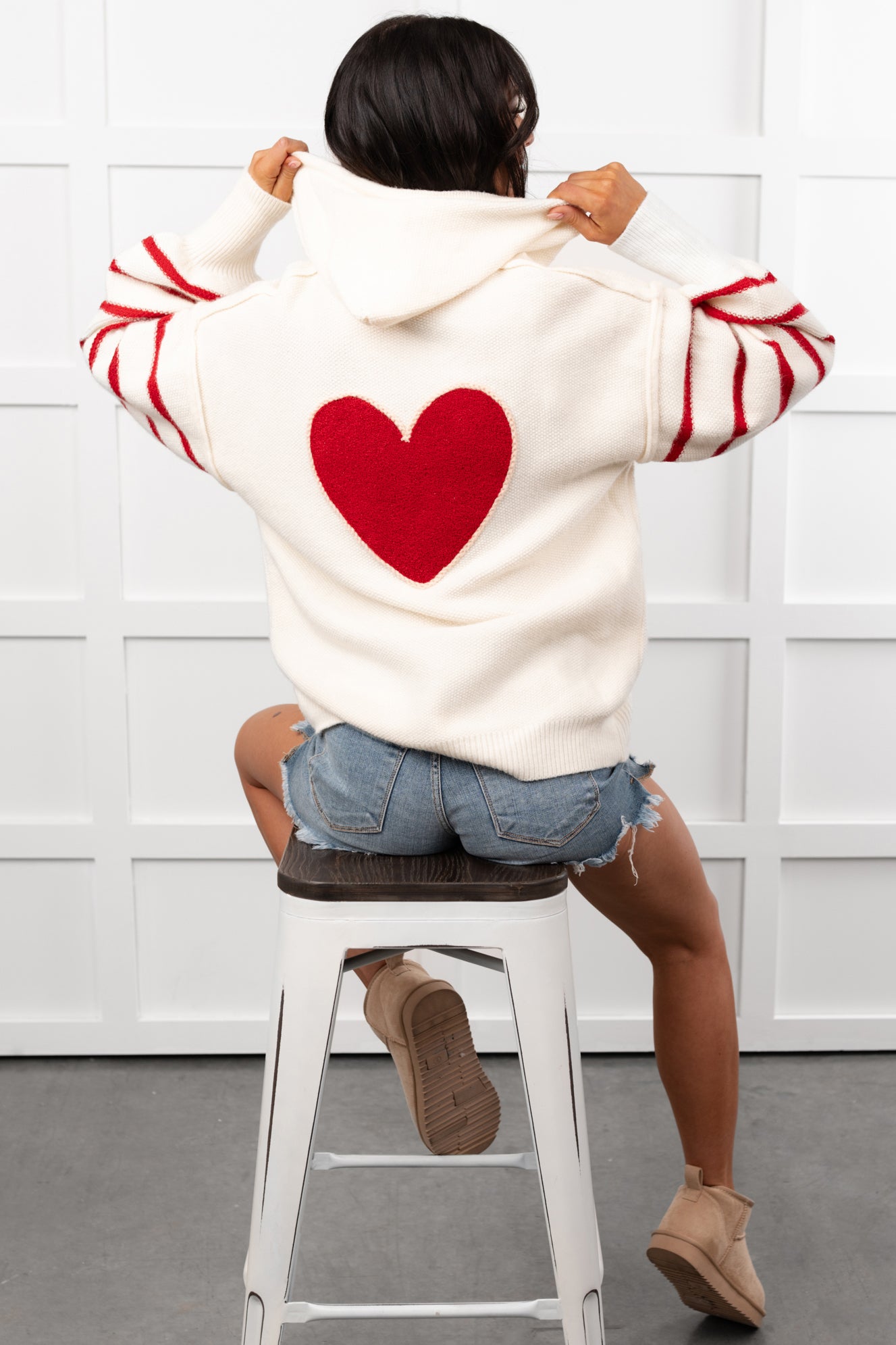 Love At Home Heart Striped Knit Hoodie (Ivory) - NanaMacs