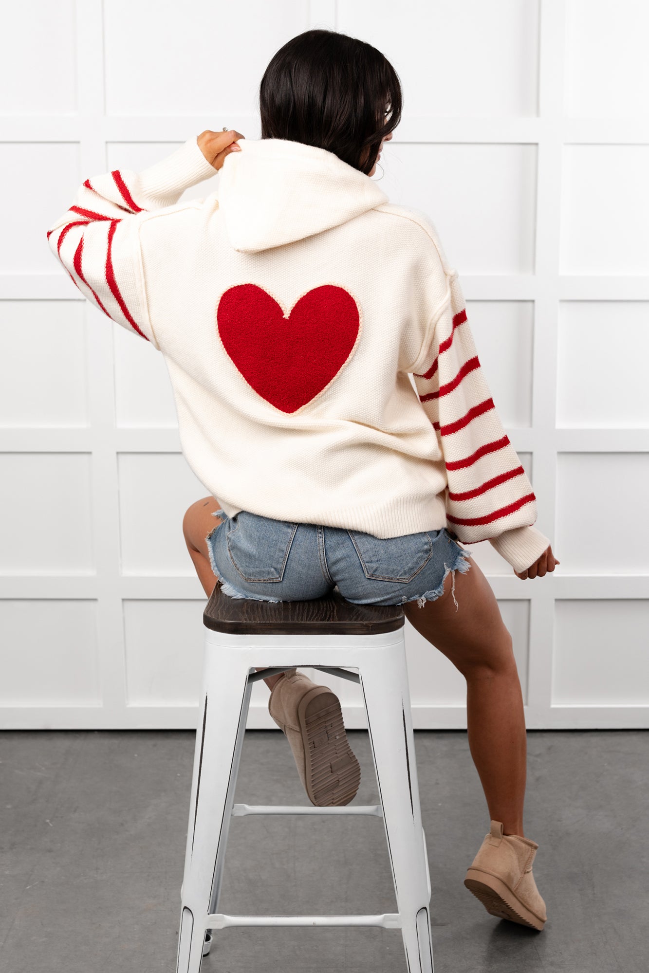Love At Home Heart Striped Knit Hoodie (Ivory) · NanaMacs