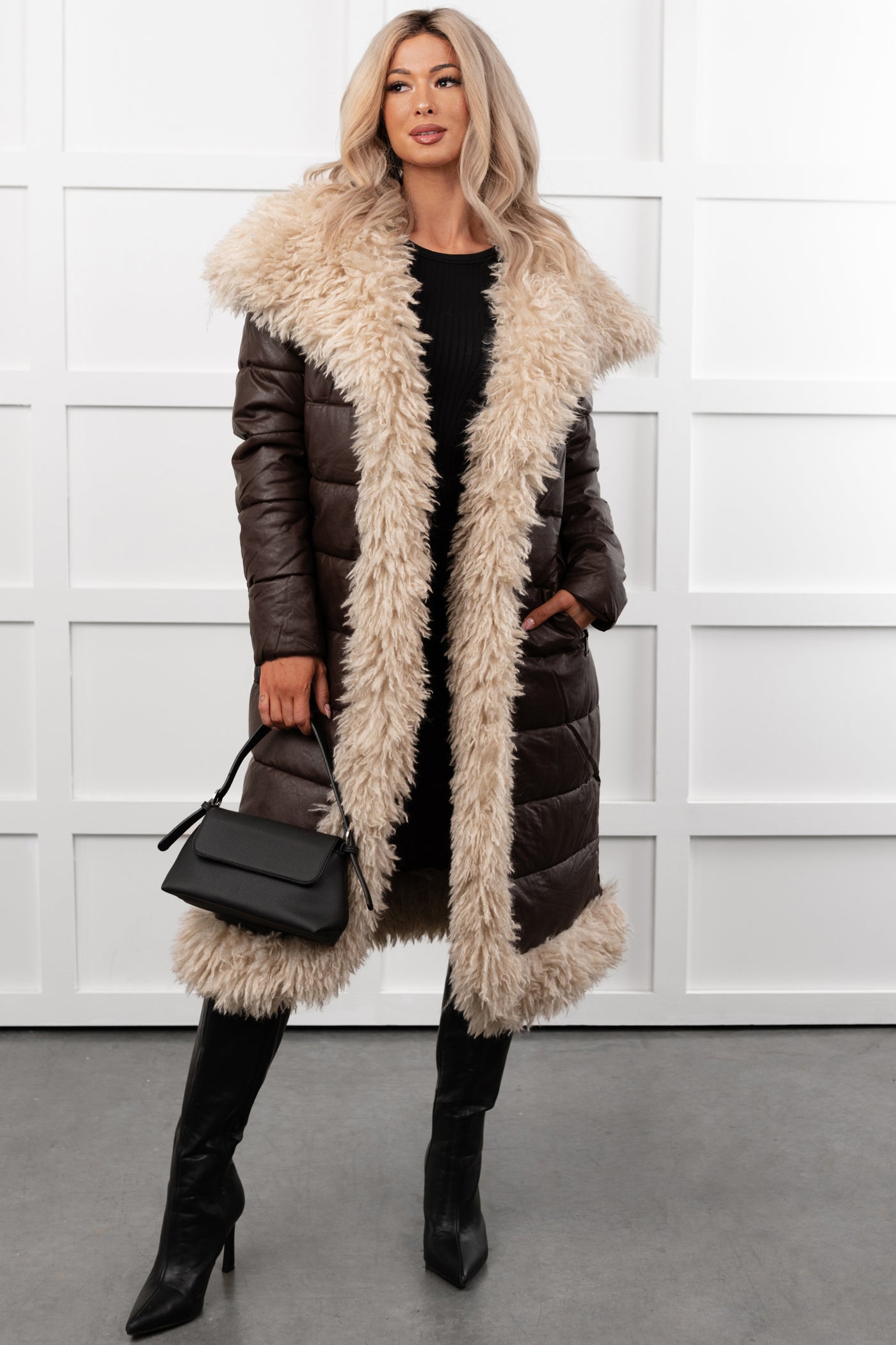 Fashioned Right Faux Fur Trim Puffer Coat (Coffee) - NanaMacs