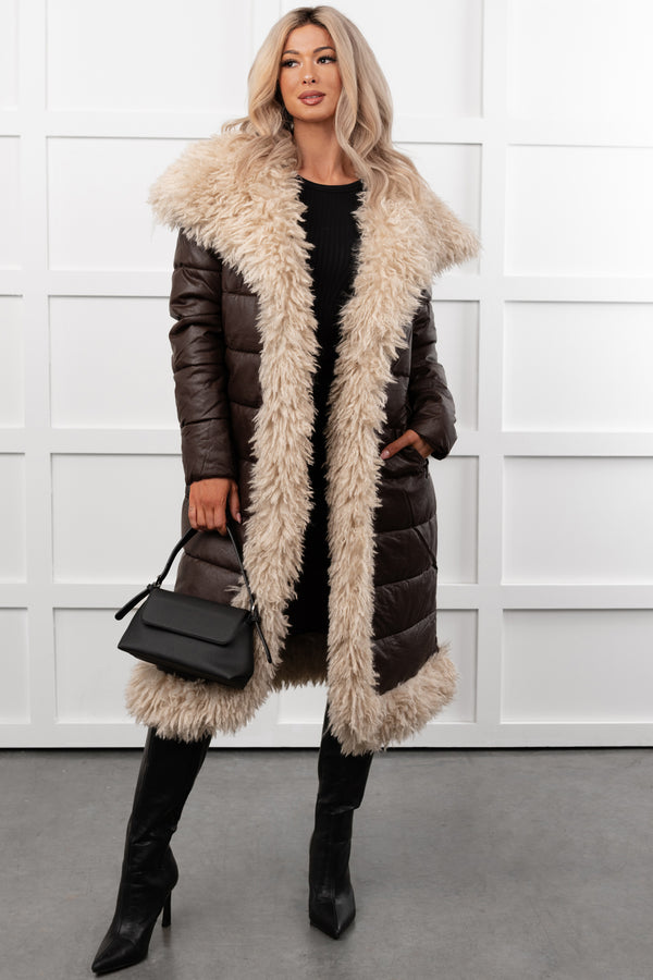 Fashioned Right Faux Fur Trim Puffer Coat (Coffee) - NanaMacs