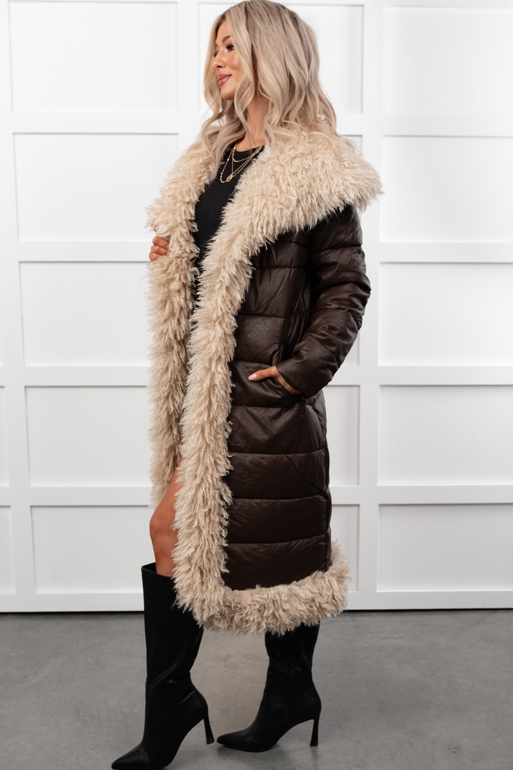 Fashioned Right Faux Fur Trim Puffer Coat (Coffee) - NanaMacs