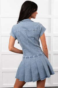 Play It Cool Denim Zip Up Pleated Mini Dress (Denim)