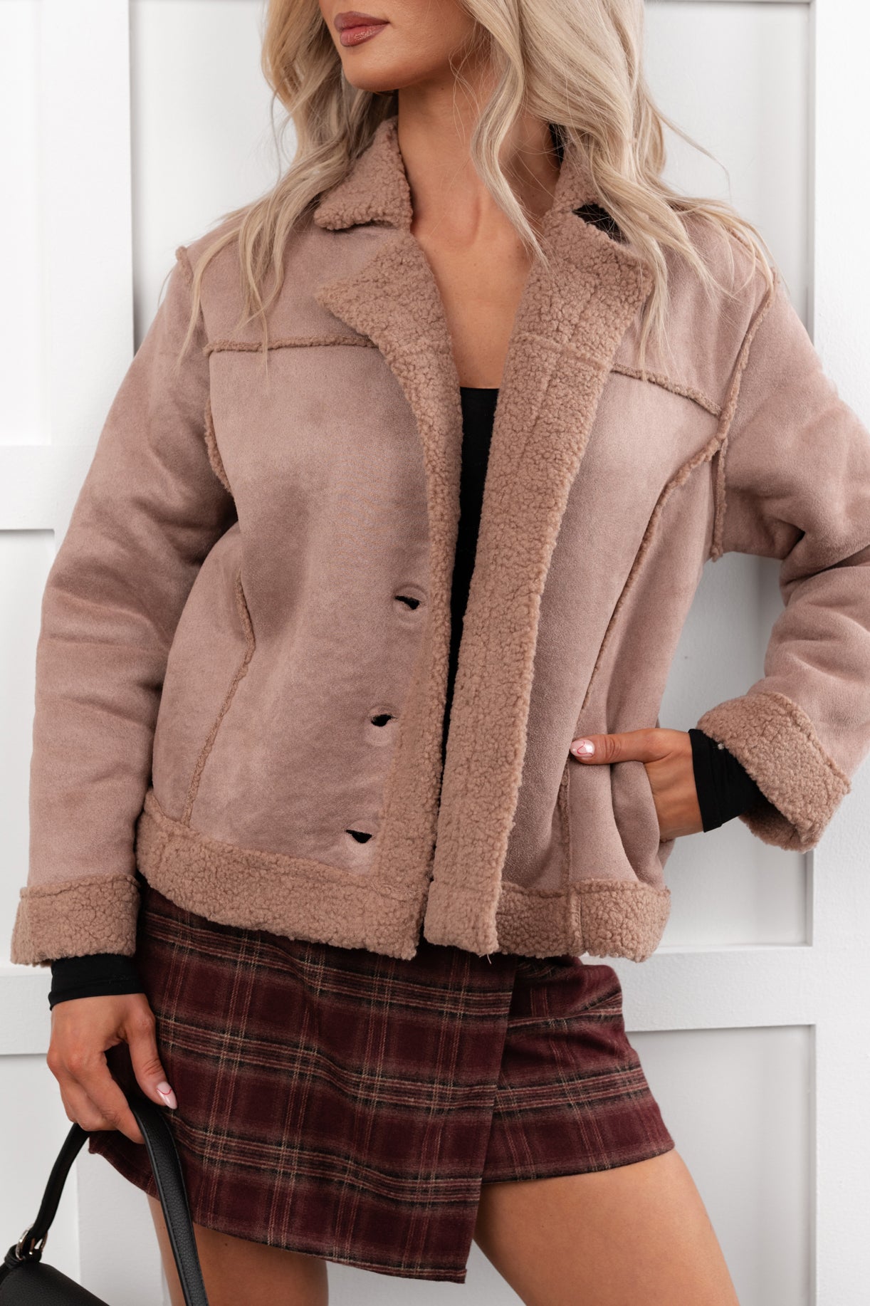Keep Me Close Faux Suede Sherpa Lined Jacket (Dark Mauve) - NanaMacs