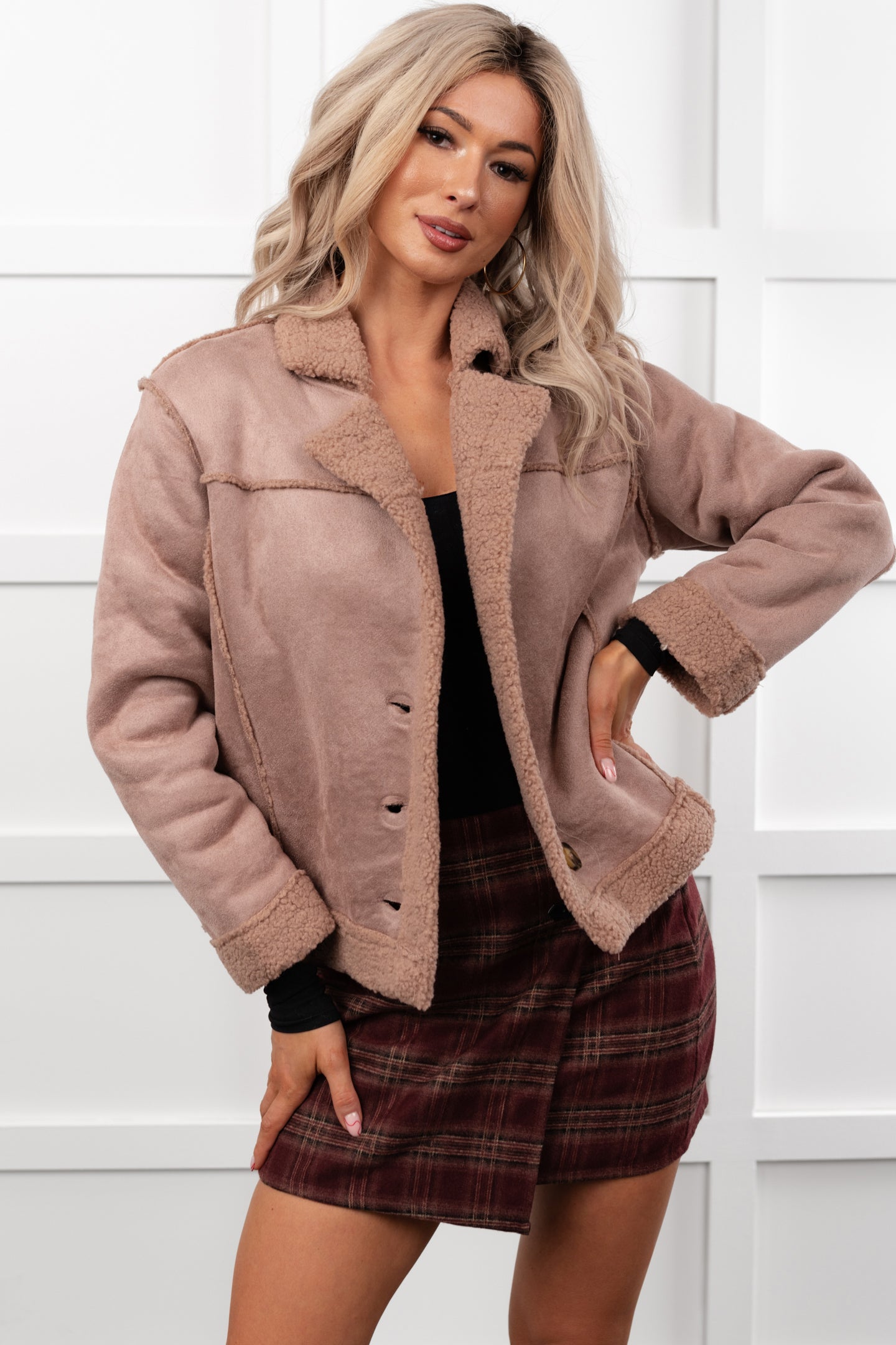 Keep Me Close Faux Suede Sherpa Lined Jacket (Dark Mauve) - NanaMacs