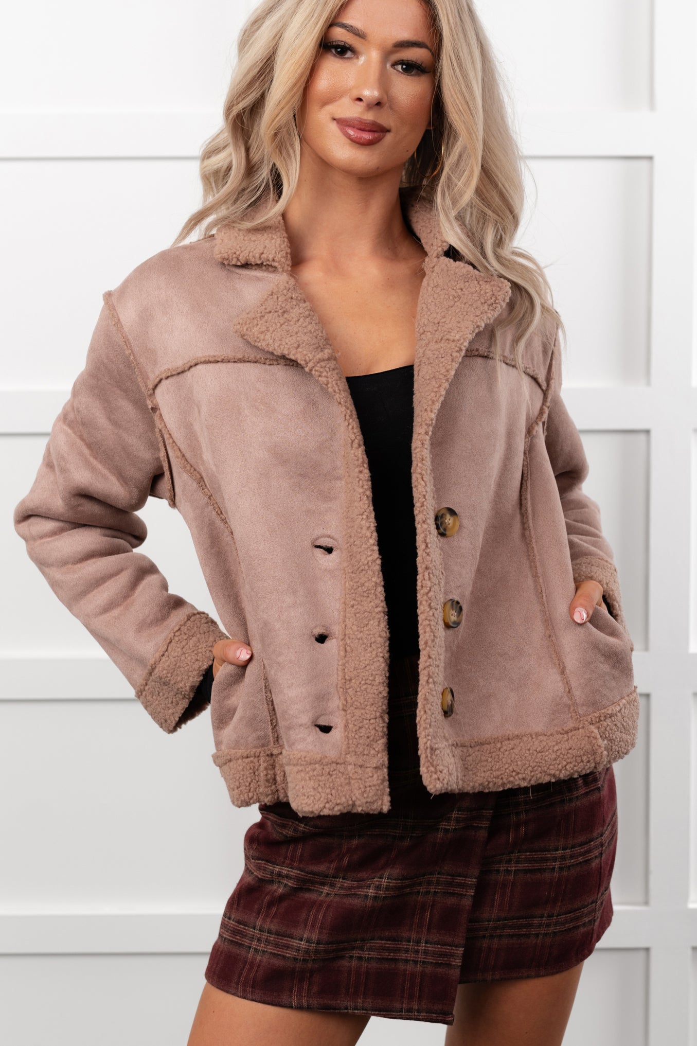 Keep Me Close Faux Suede Sherpa Lined Jacket (Dark Mauve) - NanaMacs