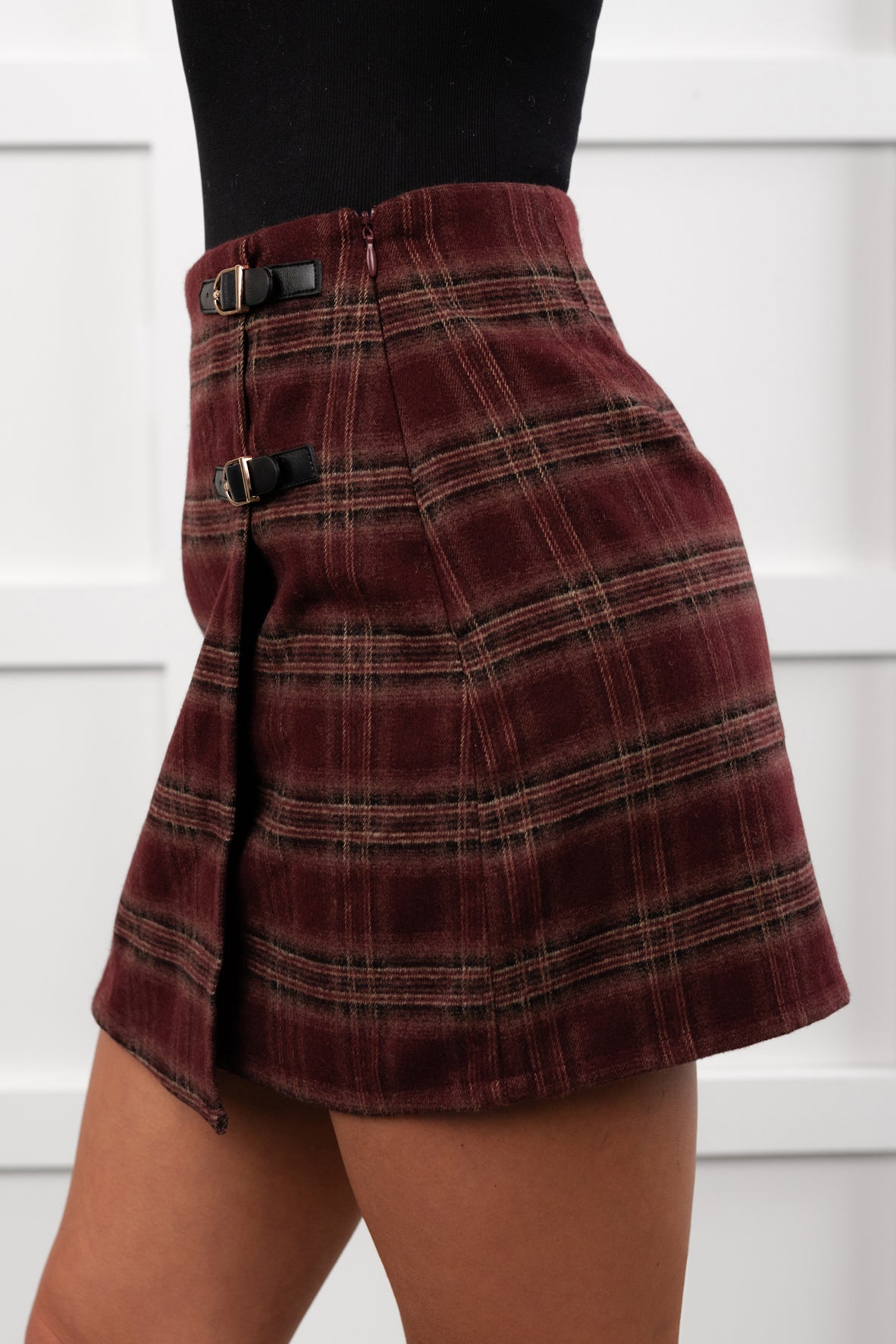 Holiday Darling Plaid Wrap Mini Skirt (Burgundy) - NanaMacs