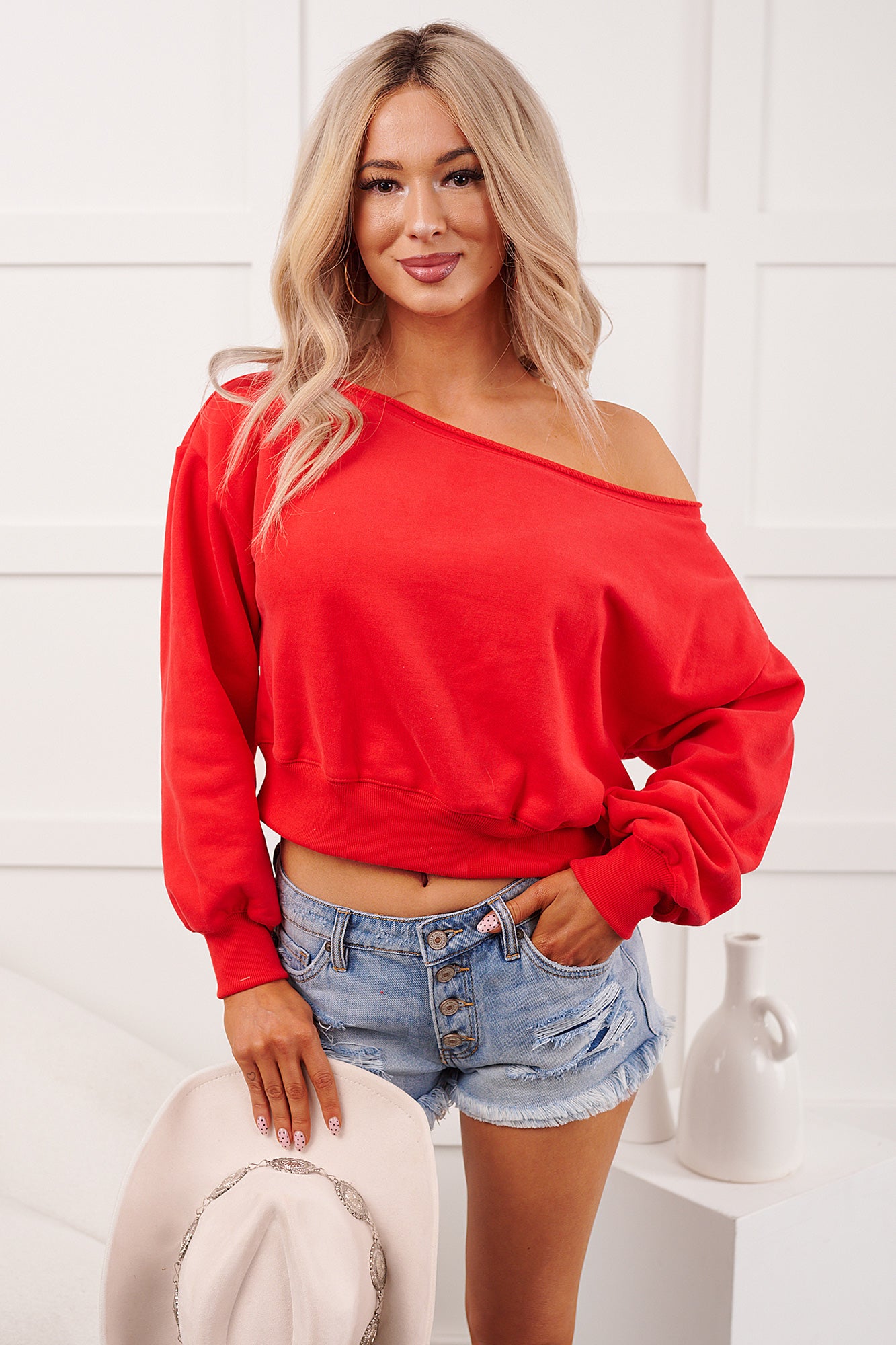 Soft Sunday Off The Shoulder Sweatshirt (Red)