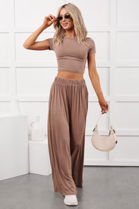 Always True Crop Top Wide Leg Pants Set (Dark Taupe) - NanaMacs