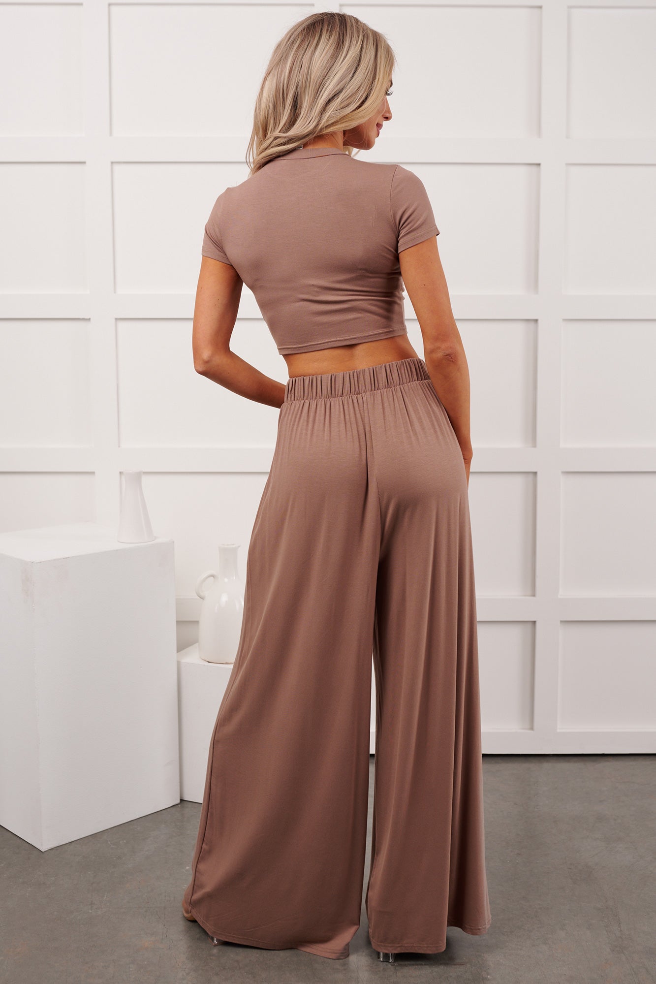 Always True Crop Top Wide Leg Pants Set (Dark Taupe)