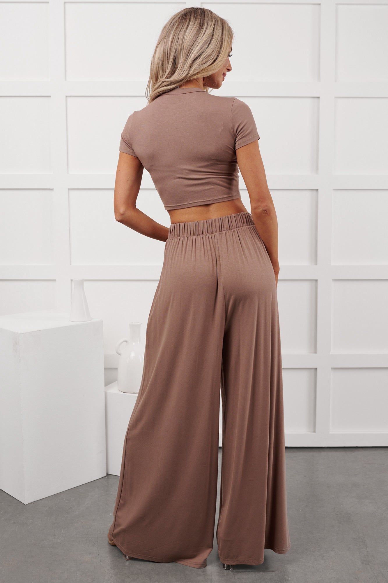 Always True Crop Top Wide Leg Pants Set (Dark Taupe) - NanaMacs