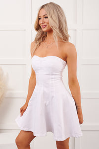 Weekend Worn Strapless Mini Denim Dress (White) - NanaMacs