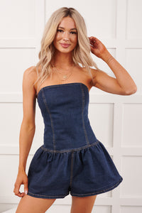 Always A Tease Strapless Drop Waist Denim Romper (Indigo)