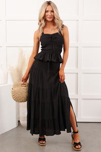 Dancing With Gravity Smocked Peplum Tank Top (Black) - NanaMacs