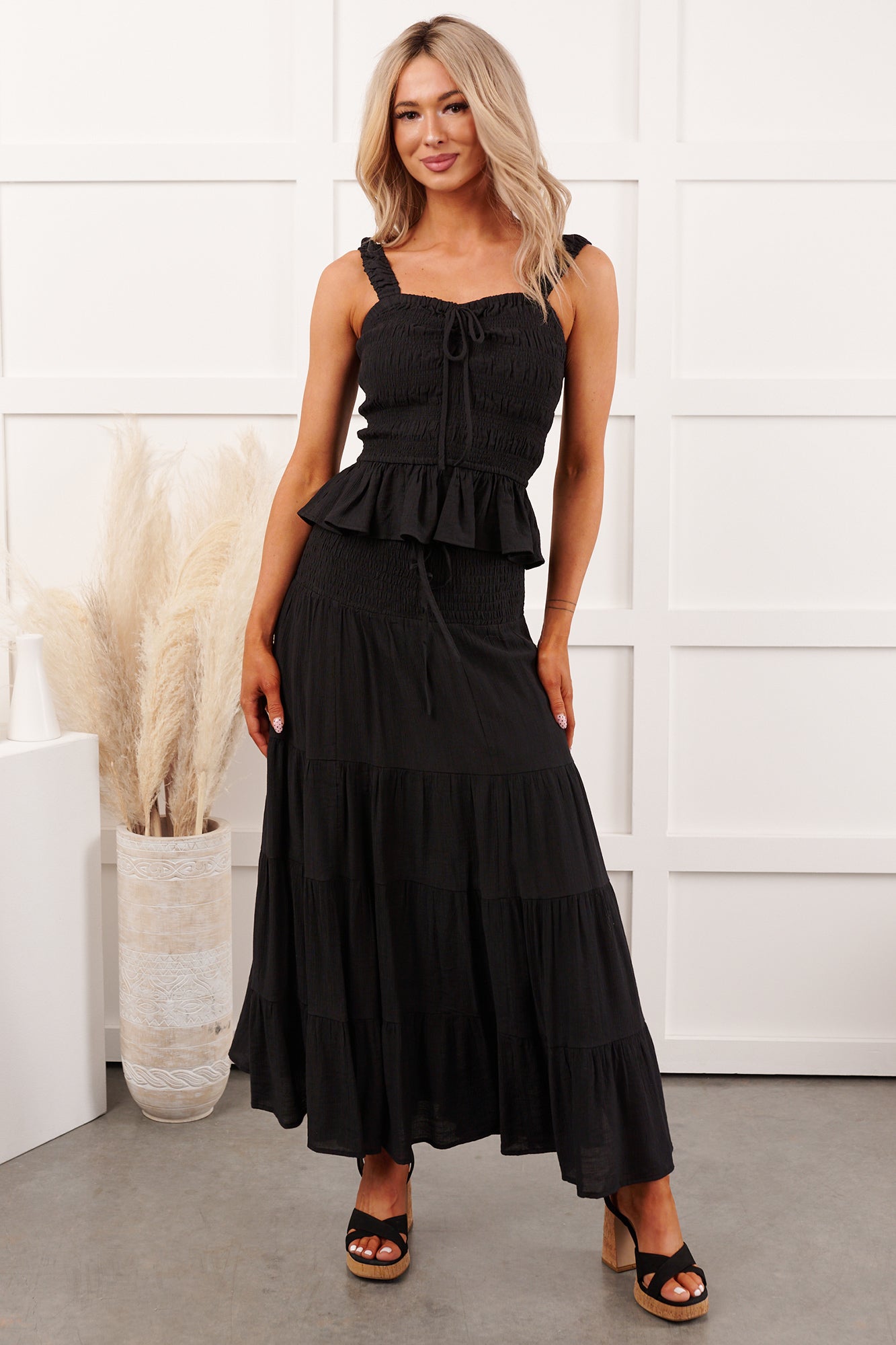 Dancing With Gravity Smocked Peplum Tank Top (Black) - NanaMacs