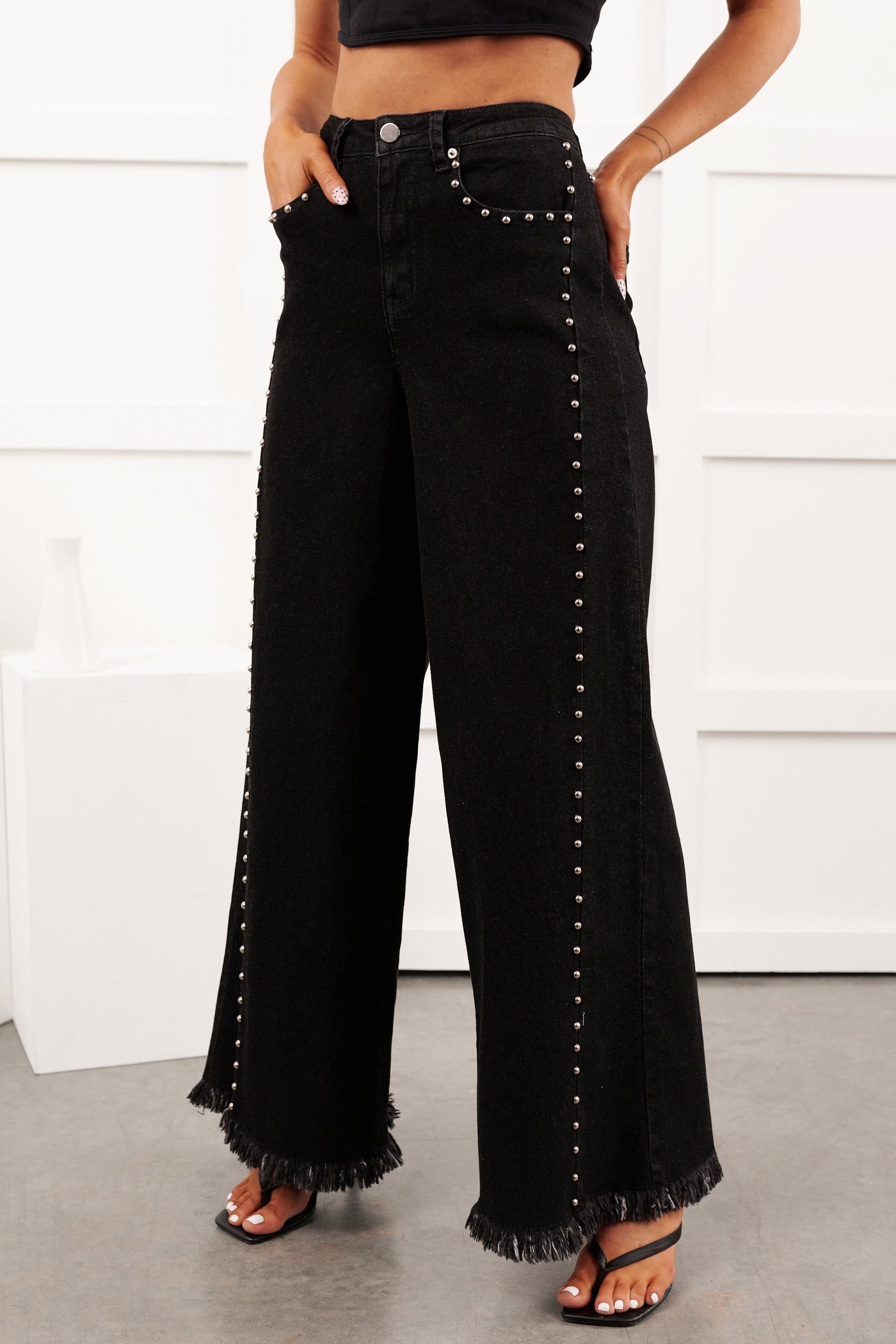 Galvan Wide Leg Studded Camellia Jeans (Black Wash) - NanaMacs