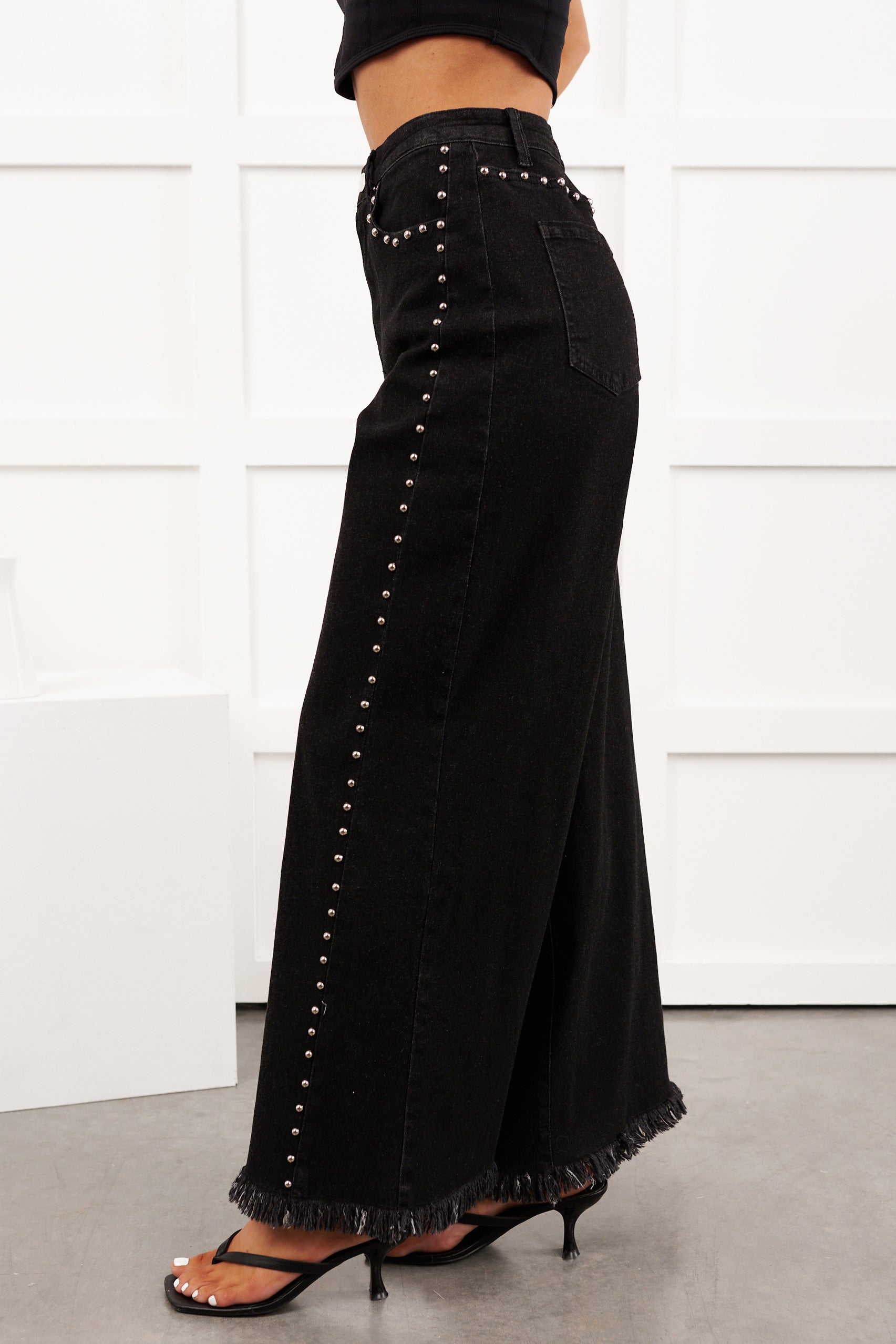 Galvan Wide Leg Studded Camellia Jeans (Black Wash) - NanaMacs